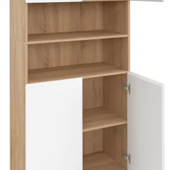 Meuble colonne salle de bain 4 portes 2 niches façon hêtre et blanc