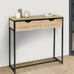 Meuble console industrielle 2 tiroirs bois et métal 90 cm