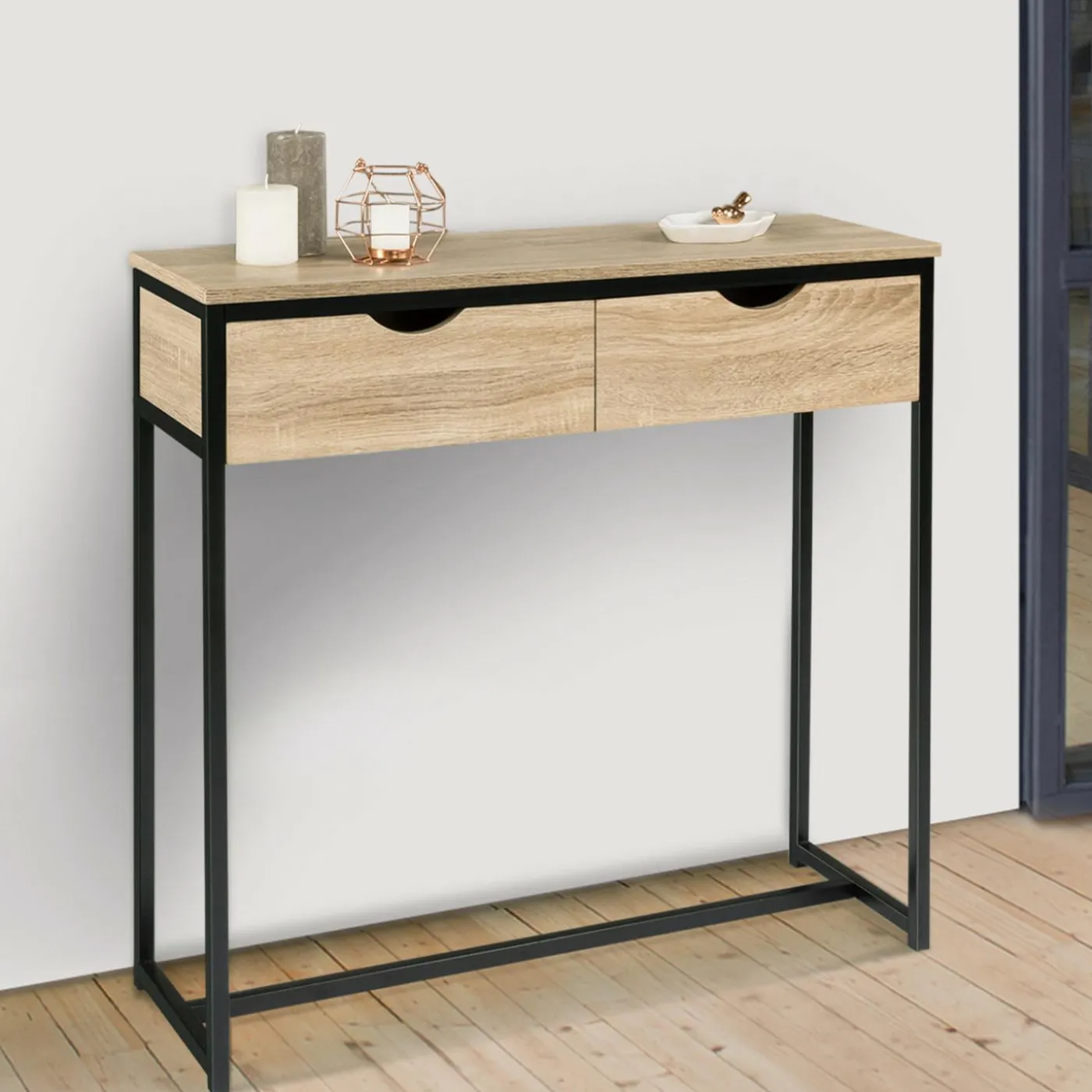 Meuble console industrielle 2 tiroirs bois et métal 90 cm