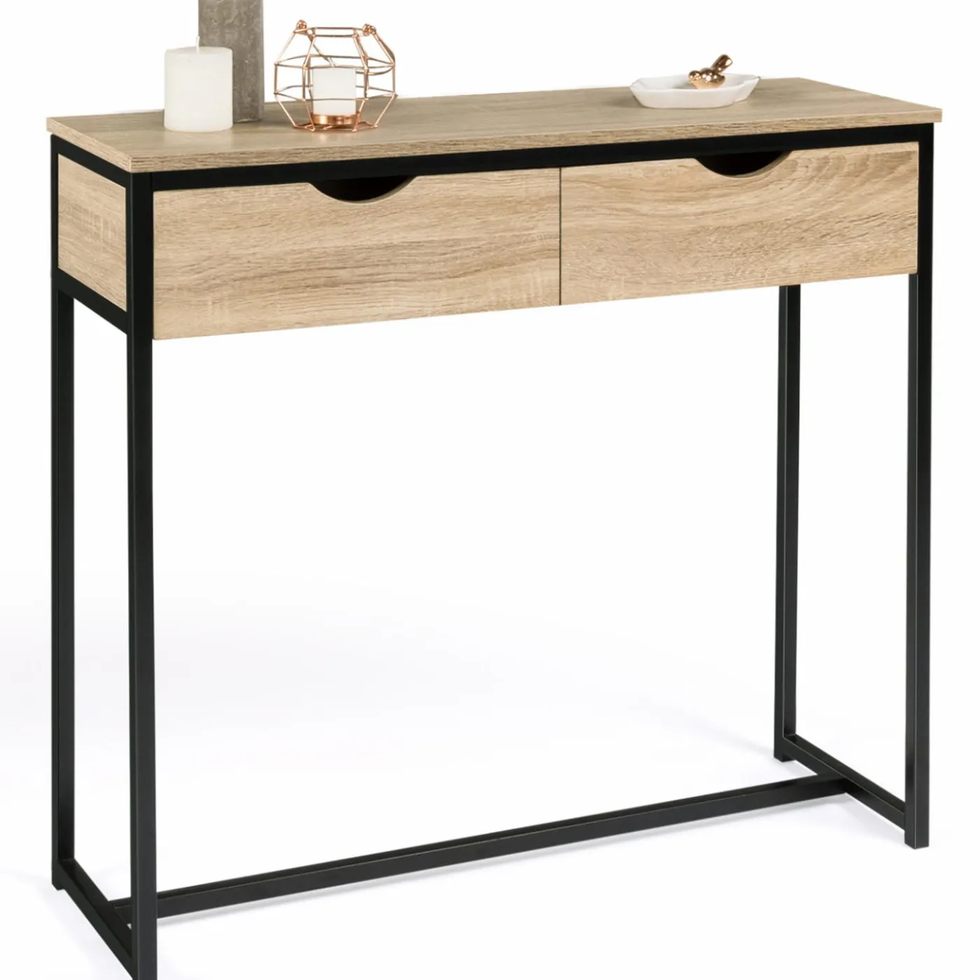 Meuble console industrielle 2 tiroirs bois et métal 90 cm