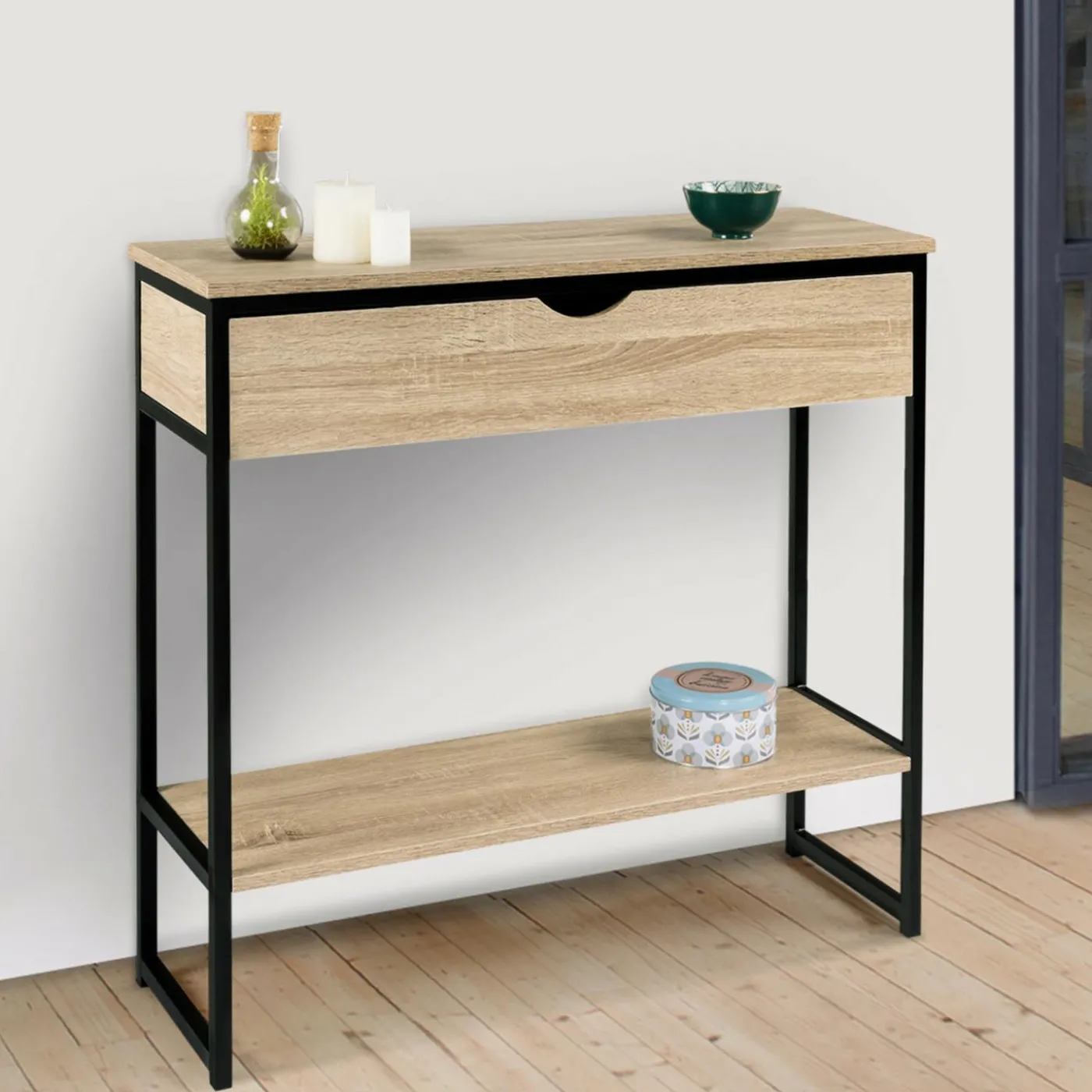 Meuble console industrielle bois et métal 90 cm