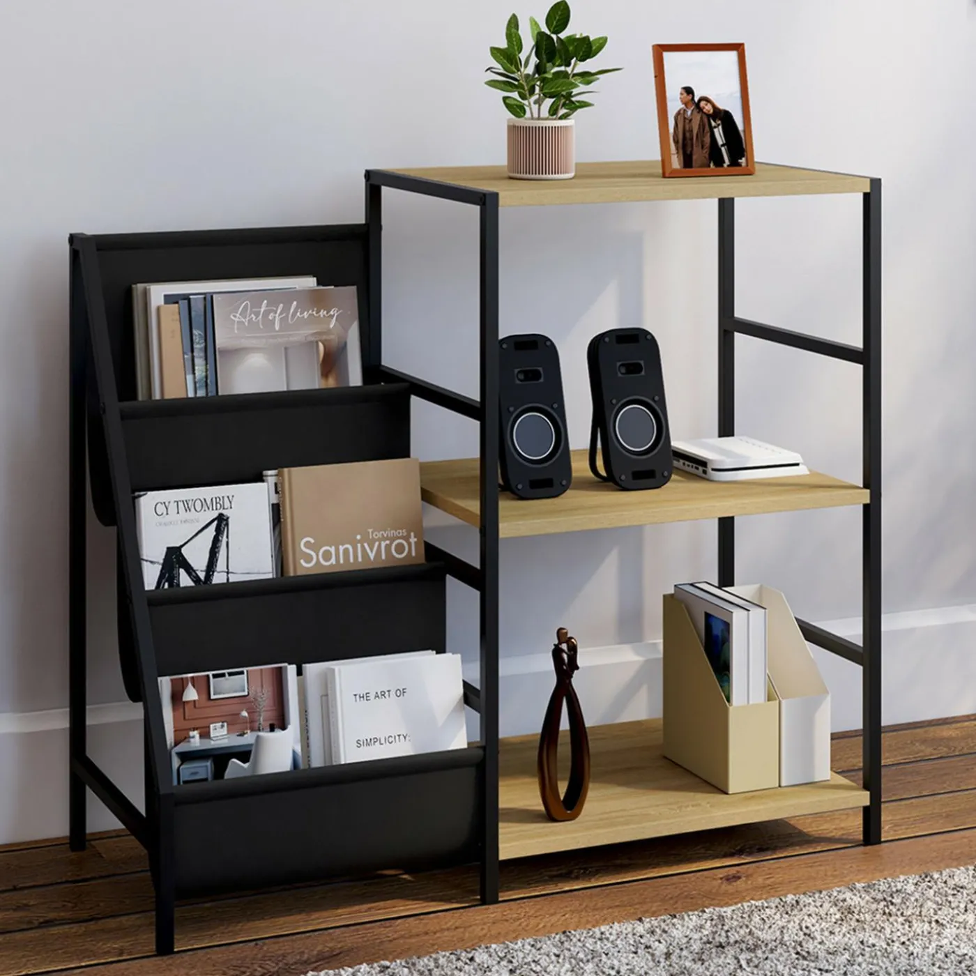 Meuble d'appoint, rangement avec étagères, supports vinyles et platine design industriel
