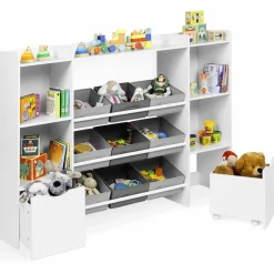 Meuble de rangement avec étagères, bacs en tissu et cubes pour enfants