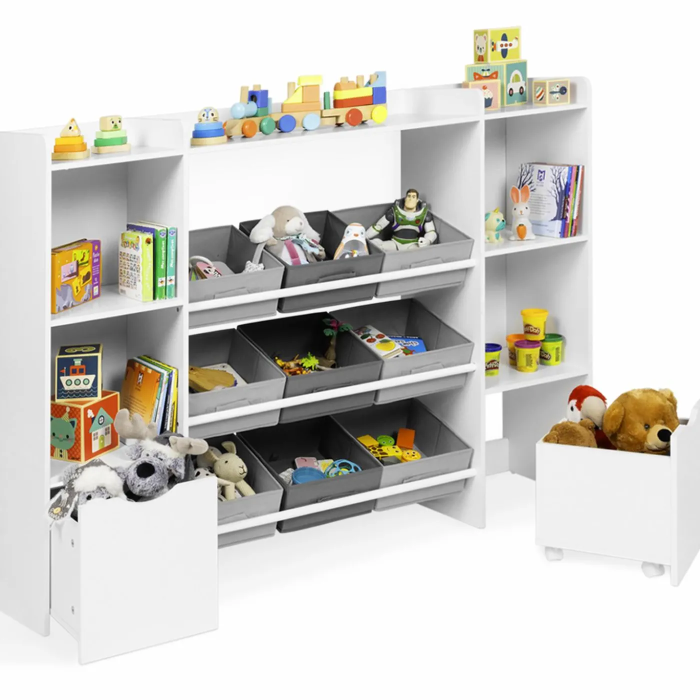 Meuble de rangement avec étagères, bacs en tissu et cubes pour enfants