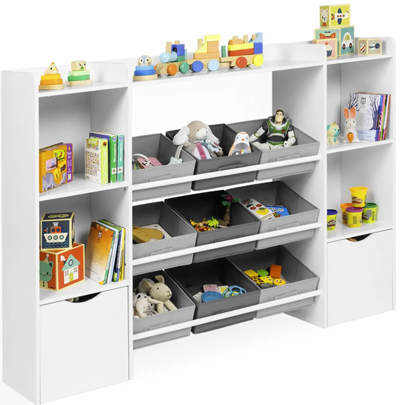 Meuble de rangement avec étagères, bacs en tissu et cubes pour enfants