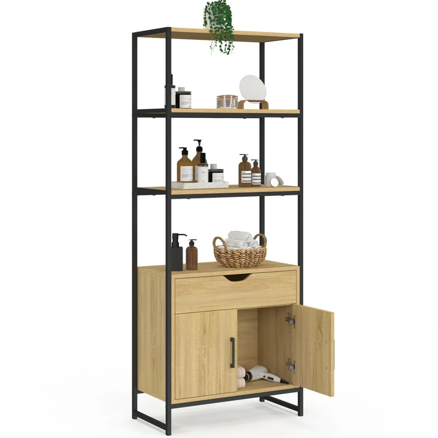 Meuble de rangement design industriel salle de bain avec 3 étages 1 placard 1 tiroir