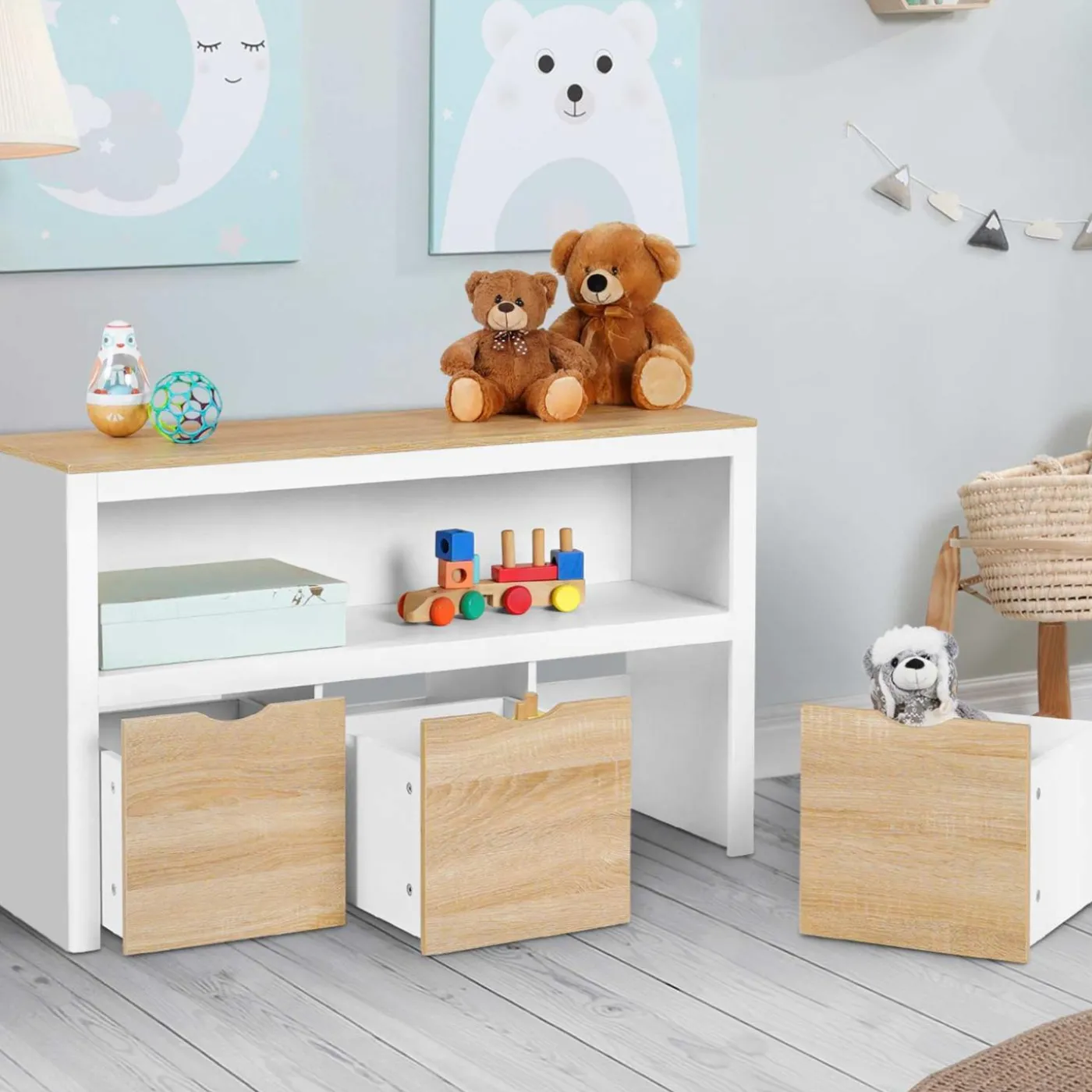 Meuble de rangement pour enfant 3 tiroirs blanc et hêtre