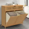 Meuble de rangement salle de bain bambou BEA 2 paniers à linge amovibles 1 tiroir tissu écru