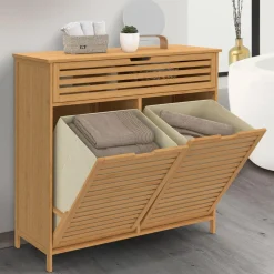 Meuble de rangement salle de bain bambou BEA 2 paniers à linge amovibles 1 tiroir tissu écru