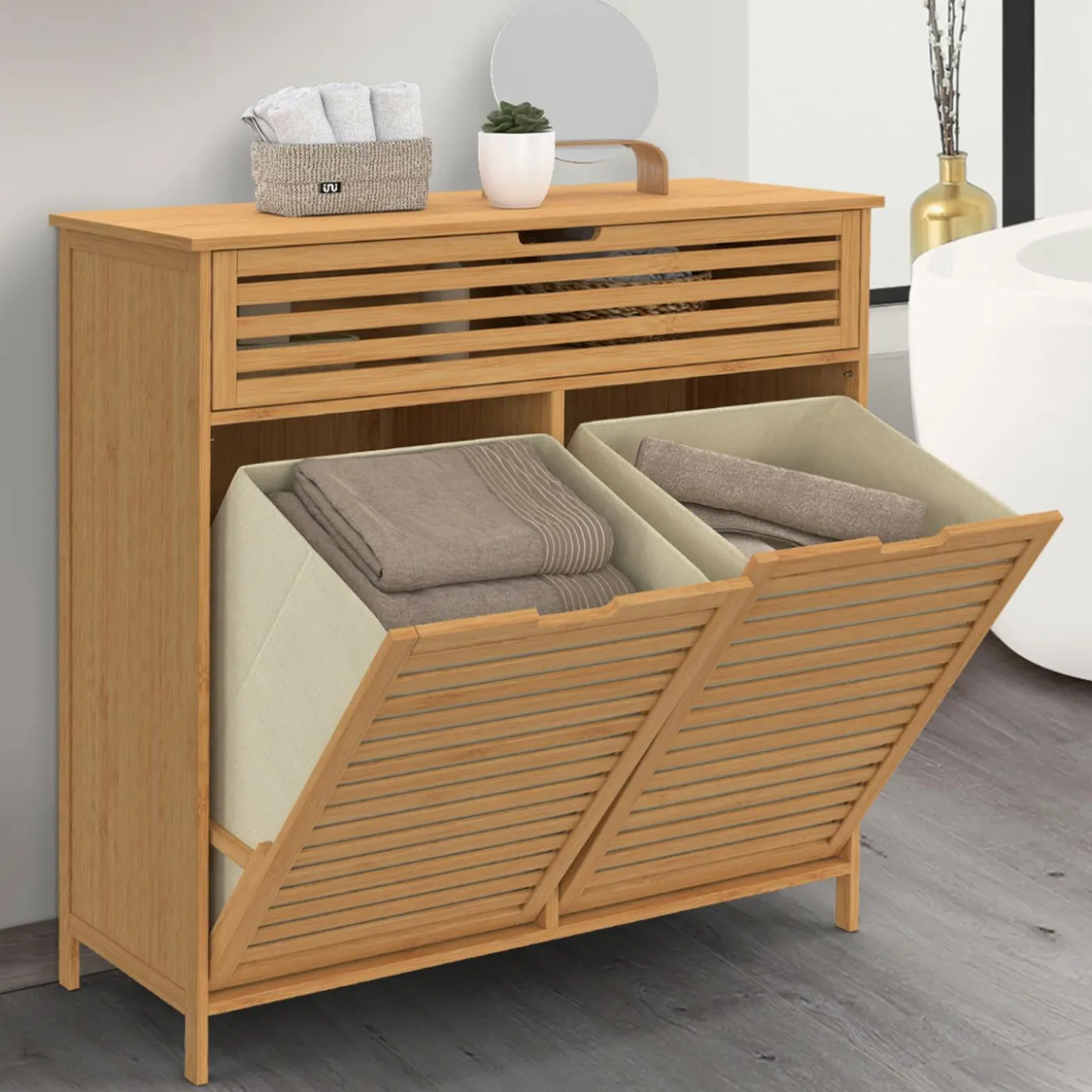 Meuble de rangement salle de bain bambou BEA 2 paniers à linge amovibles 1 tiroir tissu écru