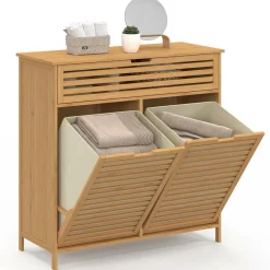 Meuble de rangement salle de bain bambou BEA 2 paniers à linge amovibles 1 tiroir tissu écru
