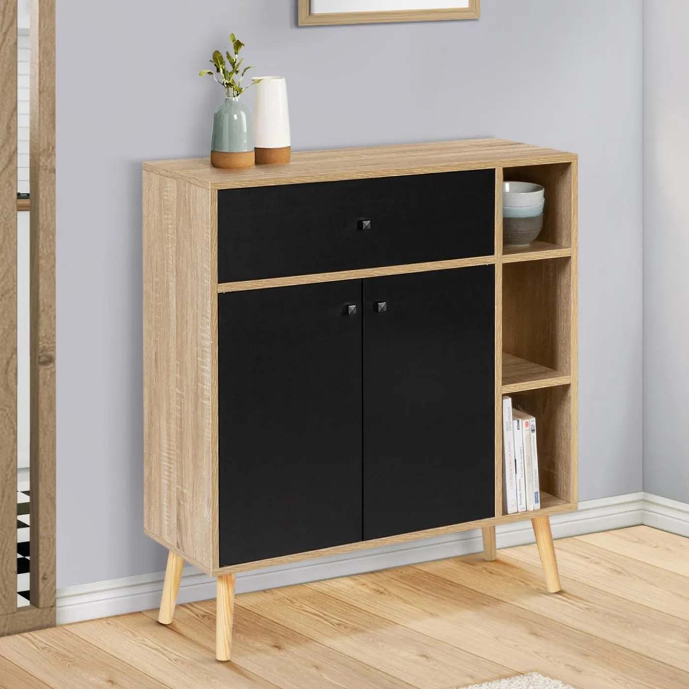 Meuble de rangement scandinave noir et bois