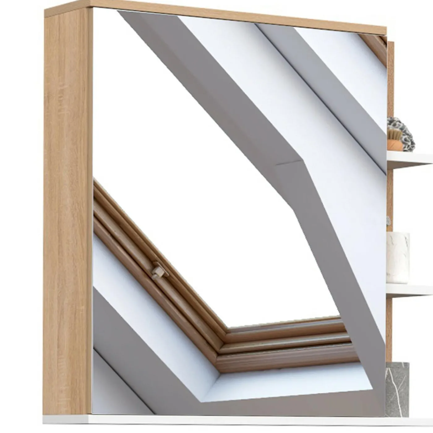 Meuble de rangement suspendu avec miroir et étagères pour salle de bain façon hêtre et blanc