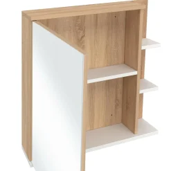 Meuble de rangement suspendu avec miroir et étagères pour salle de bain façon hêtre et blanc