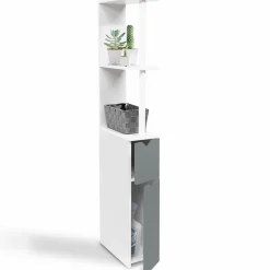 Meuble de toilette blanc et gris avec étagères