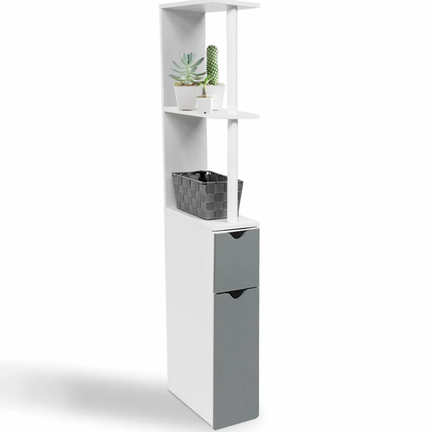 Meuble de toilette blanc et gris avec étagères
