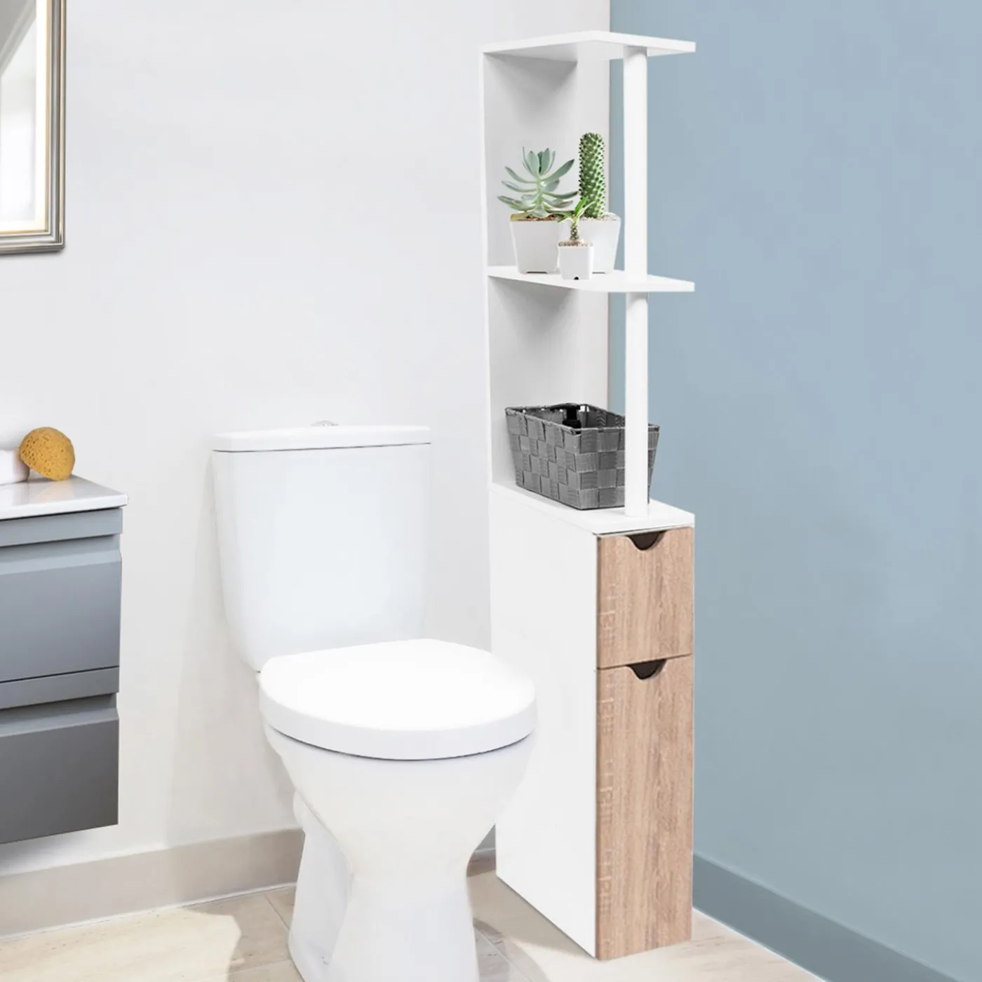 Meuble de toilette blanc et hêtre avec étagères