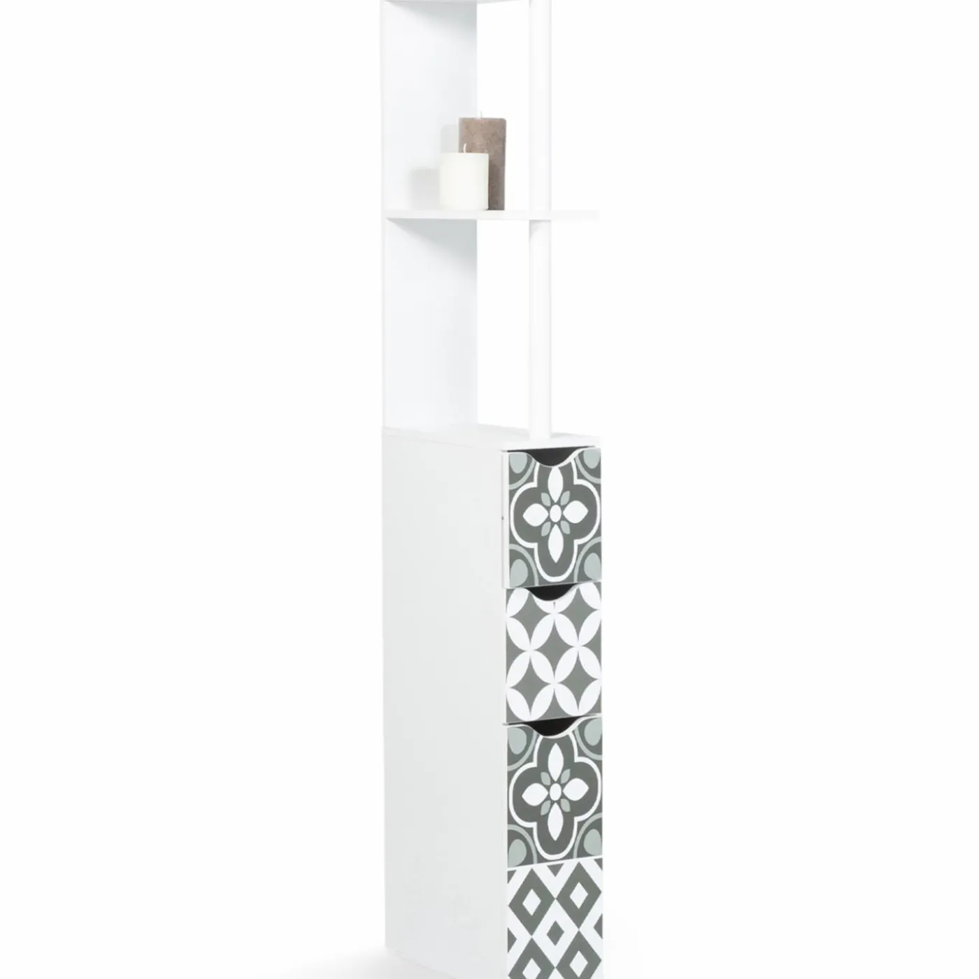Meuble de toilette blanc et gris motif carreaux de ciment 3 portes