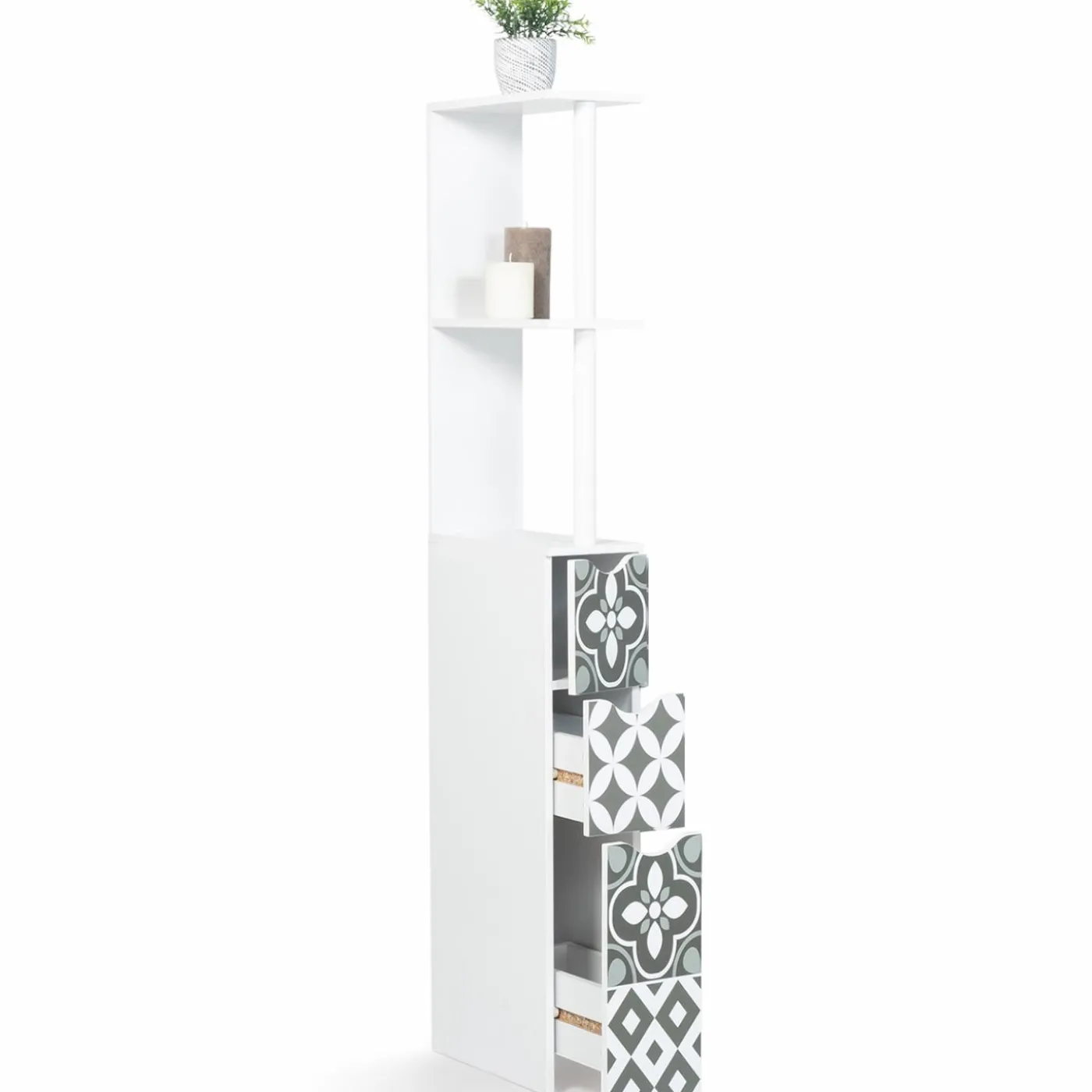 Meuble de toilette blanc et gris motif carreaux de ciment 3 portes