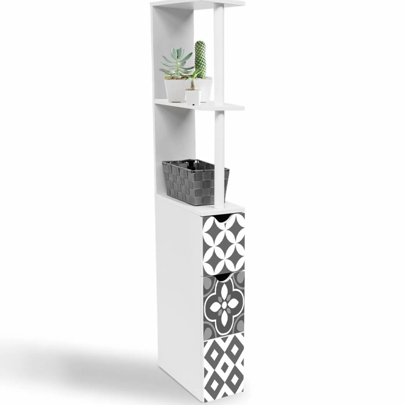 Meuble de toilette blanc et gris motif carreaux de ciment