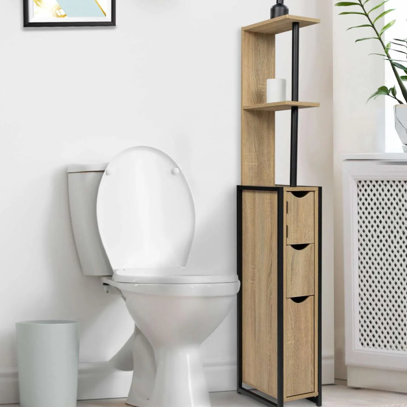 Meuble de toilette industriel bois et métal noir 3 portes avec étagères