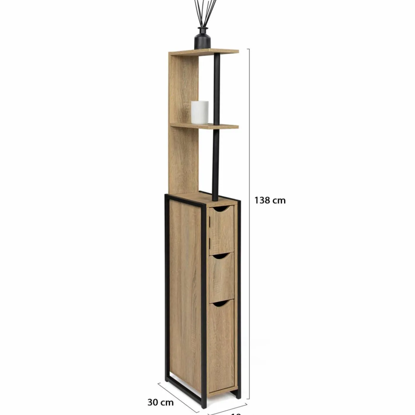 Meuble de toilette industriel bois et métal noir 3 portes avec étagères