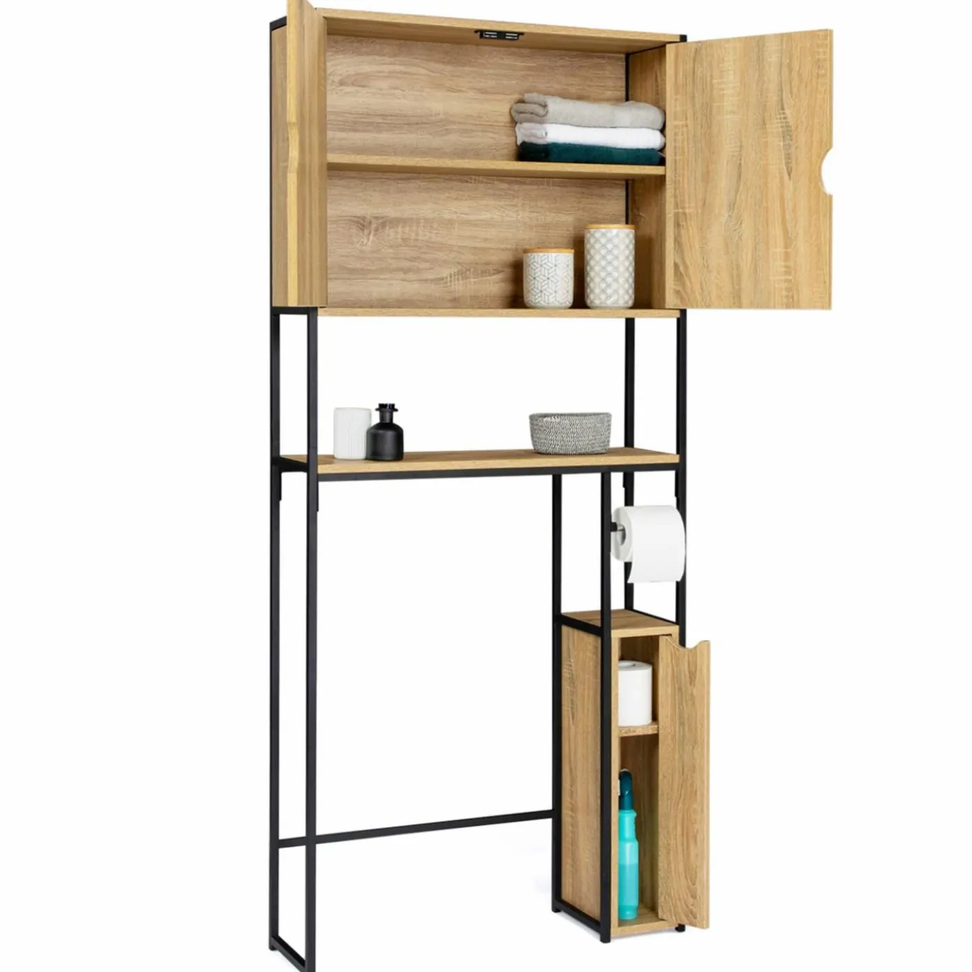 Meuble de toilette industriel bois et métal noir armoire de rangement