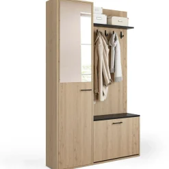 Meuble d’entrée vestiaire effet bois et noir avec banc rangement à chaussures, miroir 1 porte et étagères