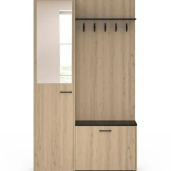 Meuble d’entrée vestiaire effet bois et noir avec banc rangement à chaussures, miroir 1 porte et étagères
