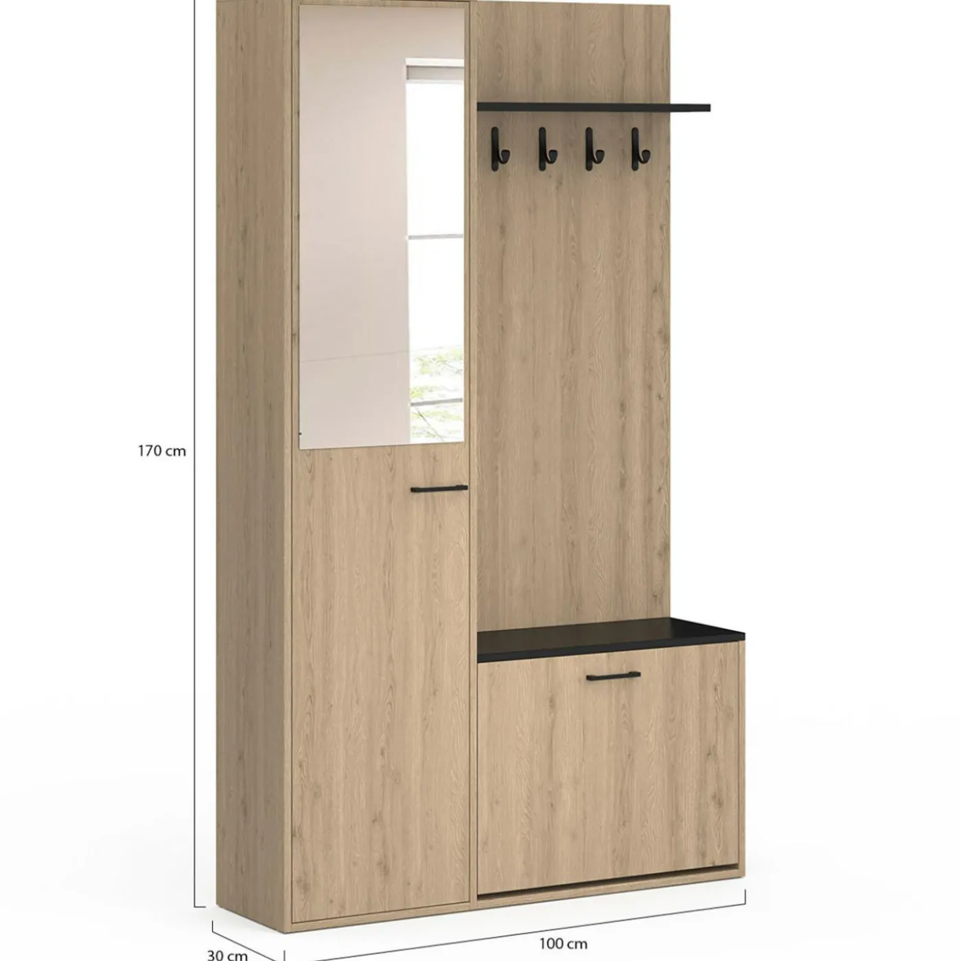 Meuble d’entrée vestiaire effet bois et noir avec banc rangement à chaussures, miroir 1 porte et étagères