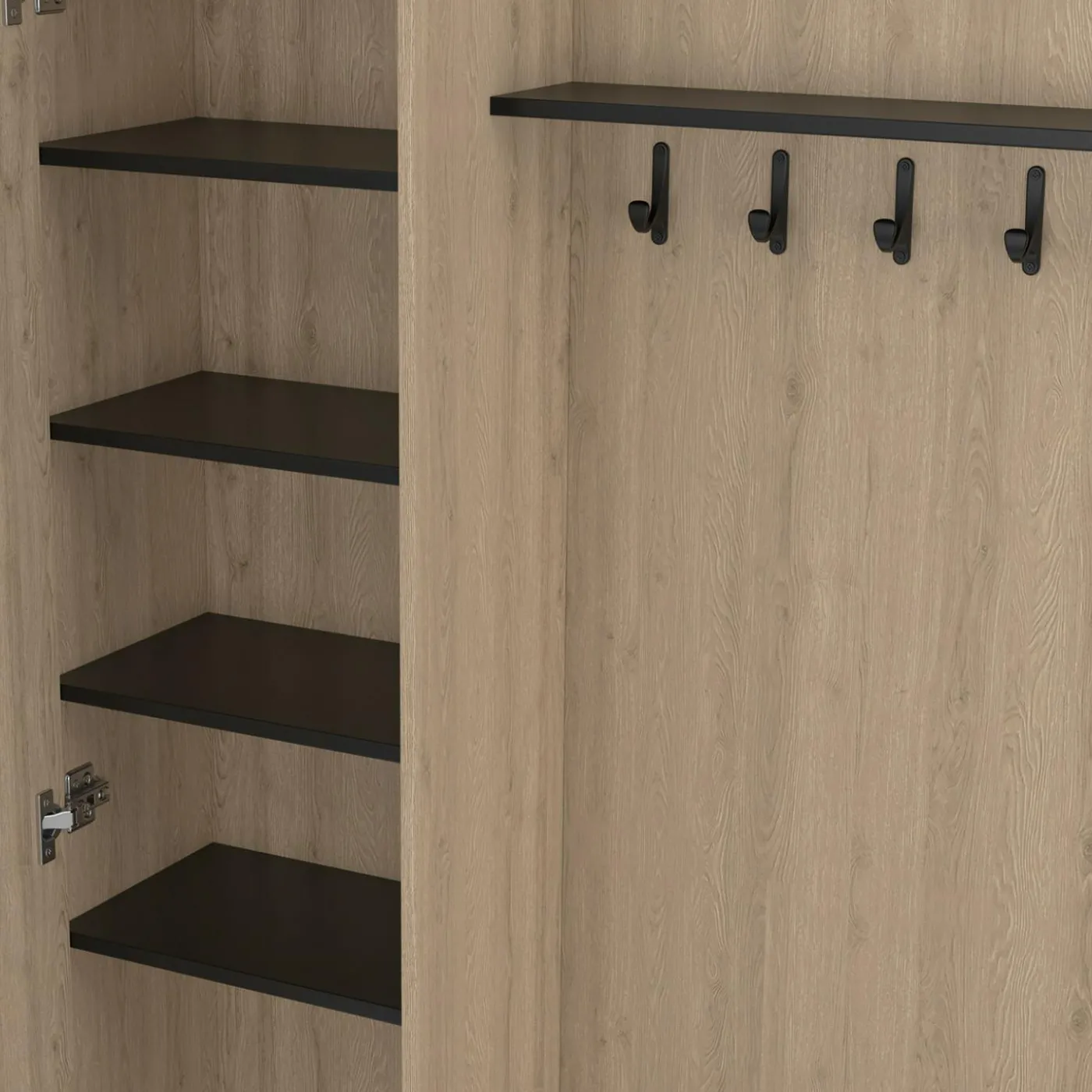 Meuble d’entrée vestiaire effet bois et noir avec banc rangement à chaussures, miroir 1 porte et étagères