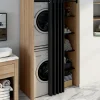 Meuble pour buanderie double machine à laver 180 cm hêtre et noir avec rideau coulissant
