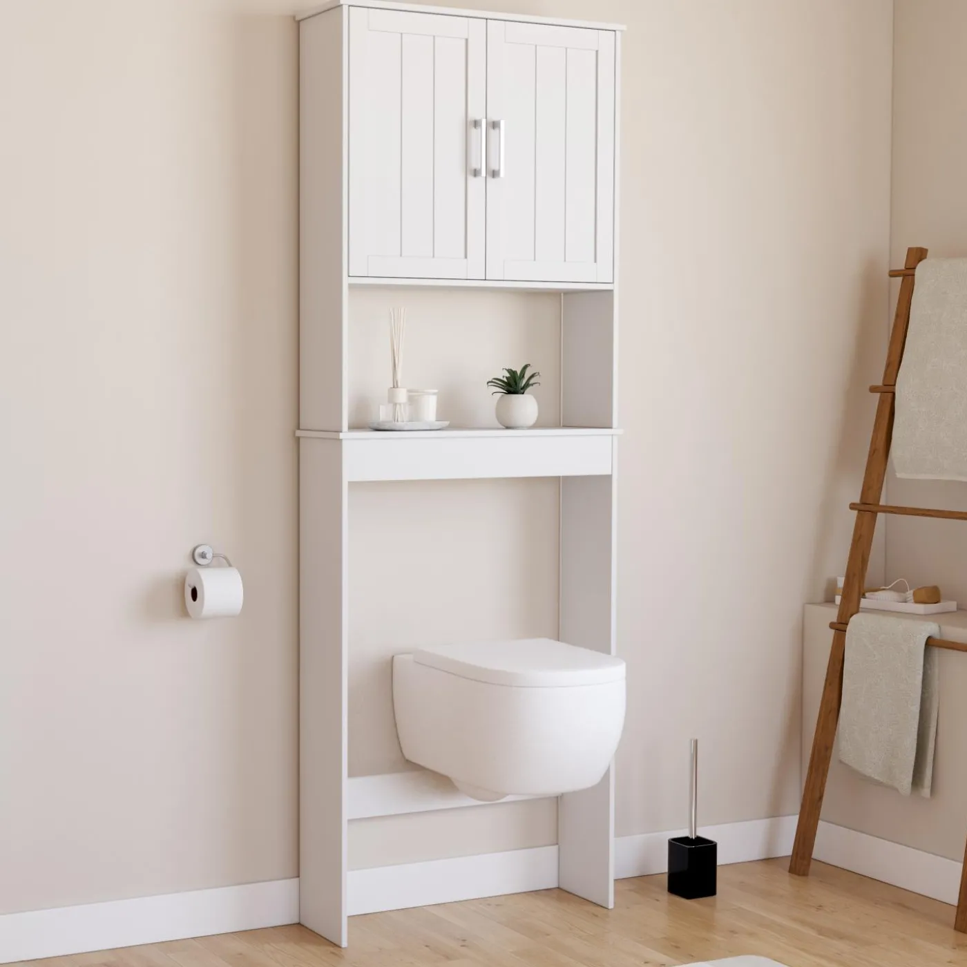 Meuble pour les toilettes avec étagère et placard double blanc