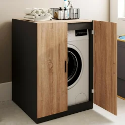 Meuble pour machine à laver avec portes noir et hêtre
