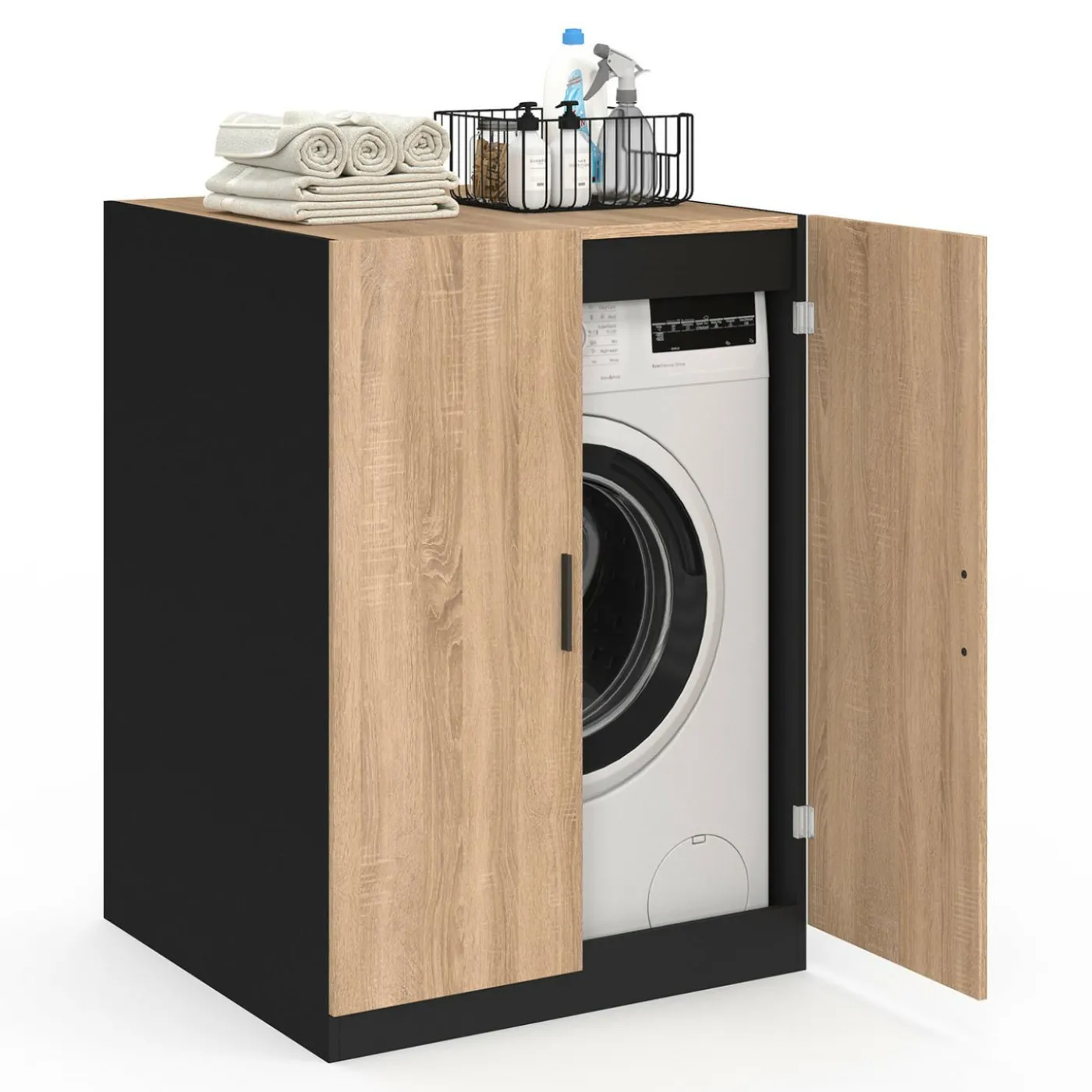Meuble pour machine à laver avec portes noir et hêtre