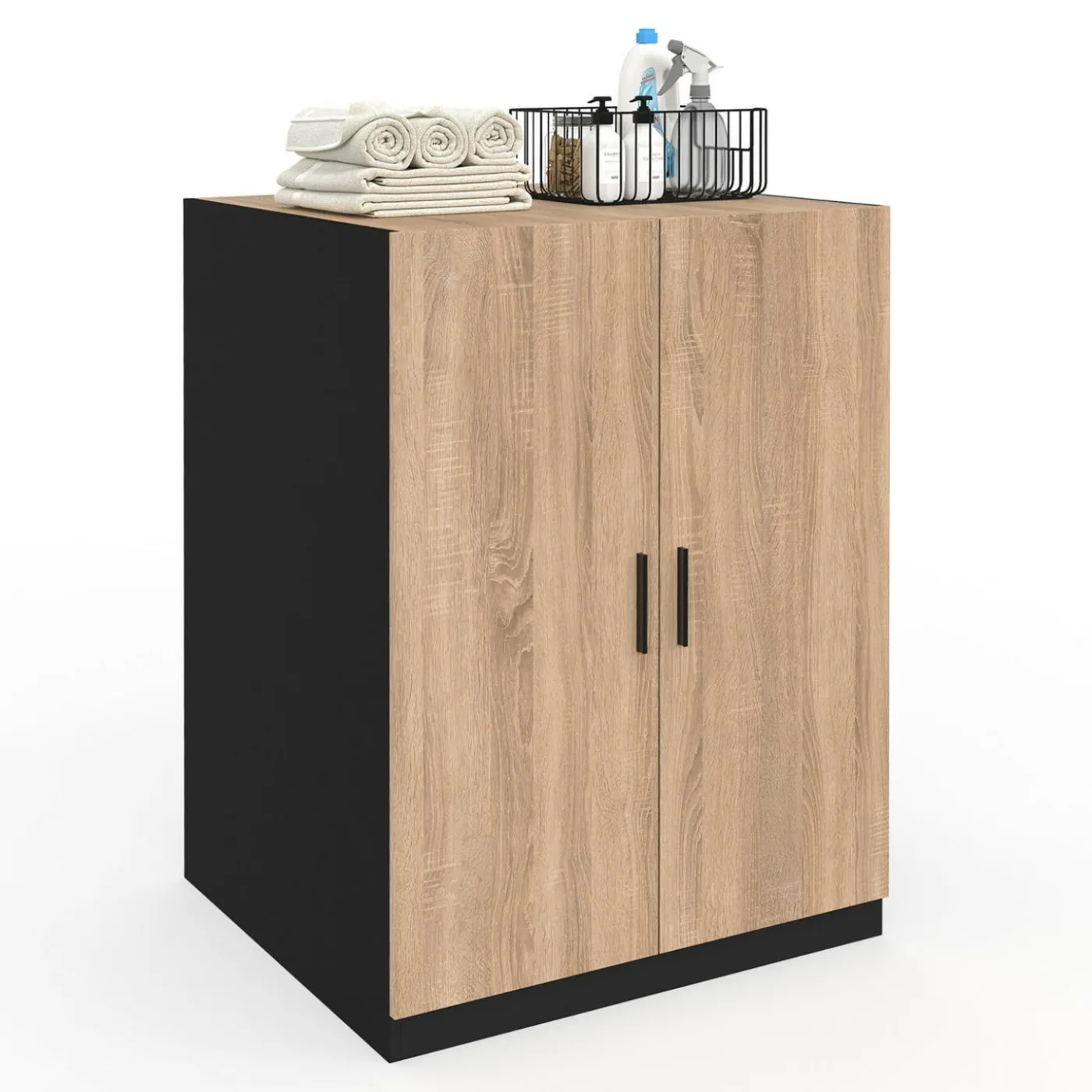 Meuble pour machine à laver avec portes noir et hêtre