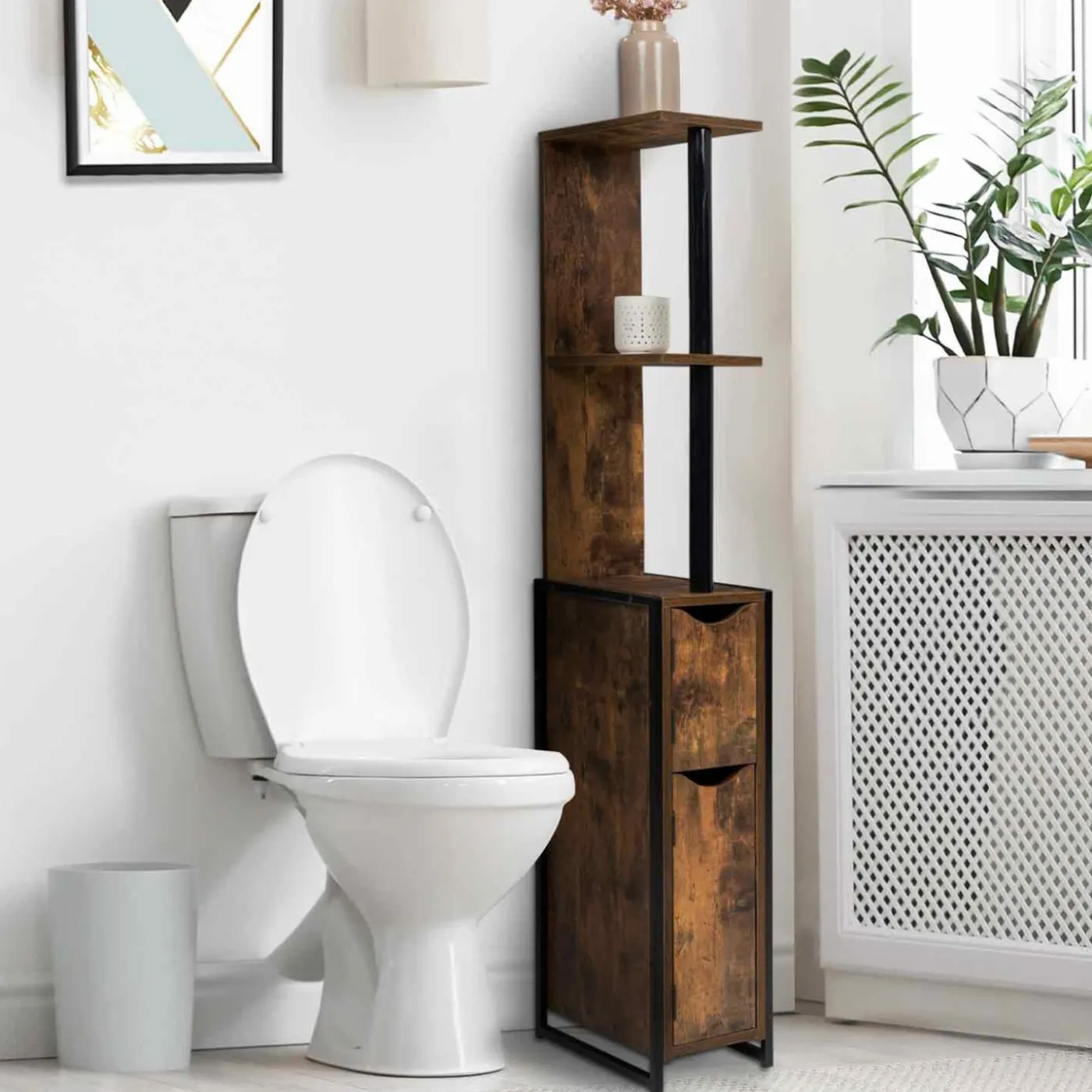 Meuble rangement WC style industriel bois effet vieilli