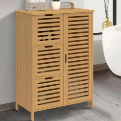 Meuble salle de bain en bambou avec placard et 3 tiroirs