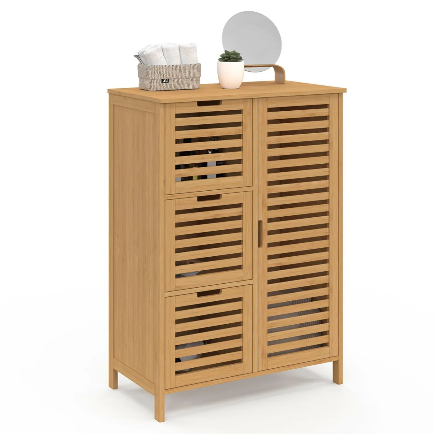 Meuble salle de bain en bambou avec placard et 3 tiroirs