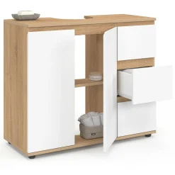 Meuble sous lavabo salle de bain avec placard et 3 tiroirs façon hêtre et blanc