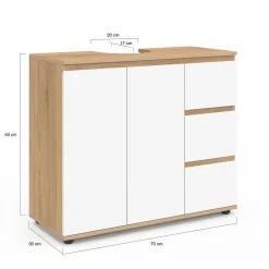 Meuble sous lavabo salle de bain avec placard et 3 tiroirs façon hêtre et blanc