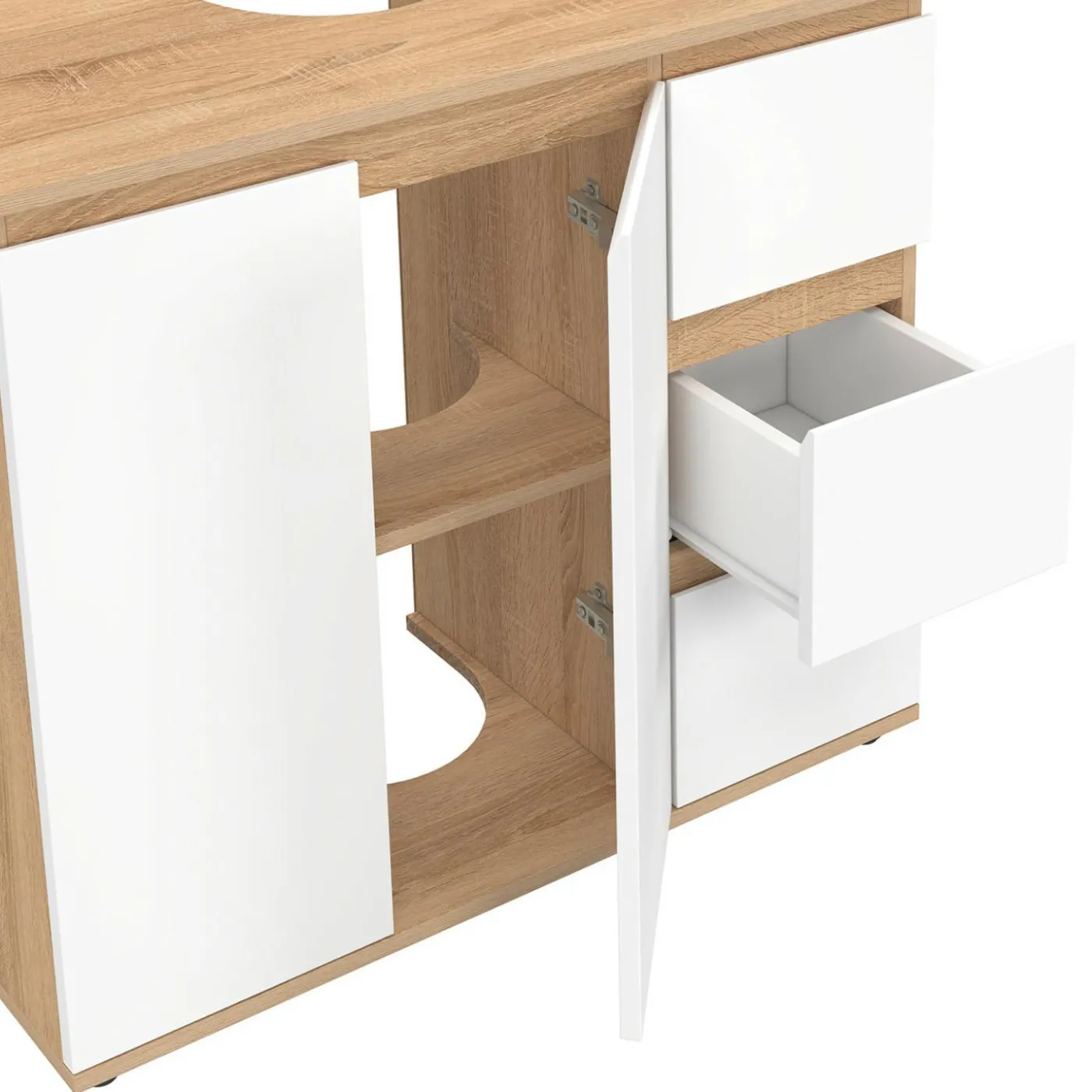 Meuble sous lavabo salle de bain avec placard et 3 tiroirs façon hêtre et blanc