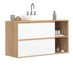 Meuble sous vasque suspendu salle de bain 2 tiroirs et 2 niches façon hêtre et blanc