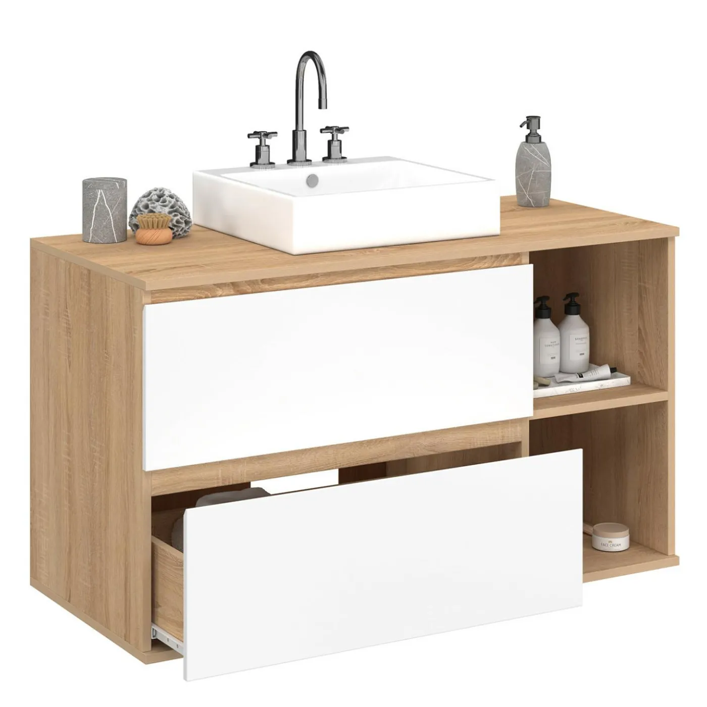 Meuble sous vasque suspendu salle de bain 2 tiroirs et 2 niches façon hêtre et blanc