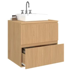 Meuble sous vasque suspendu salle de bain 2 tiroirs effet lattes