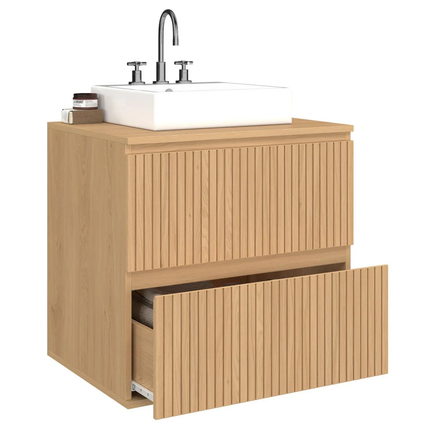 Meuble sous vasque suspendu salle de bain 2 tiroirs effet lattes