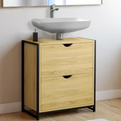 Meuble sous-lavabo salle de bain bois et métal 2 tiroirs