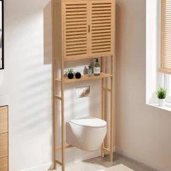 Meuble étagère dessus WC en bambou avec placard