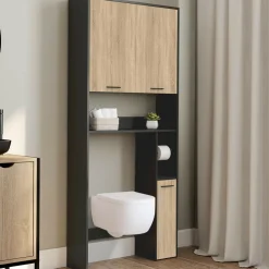 Meuble étagère dessus WC noir et bois façon hêtre