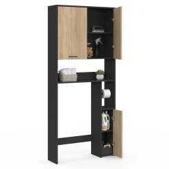 Meuble étagère dessus WC noir et bois façon hêtre